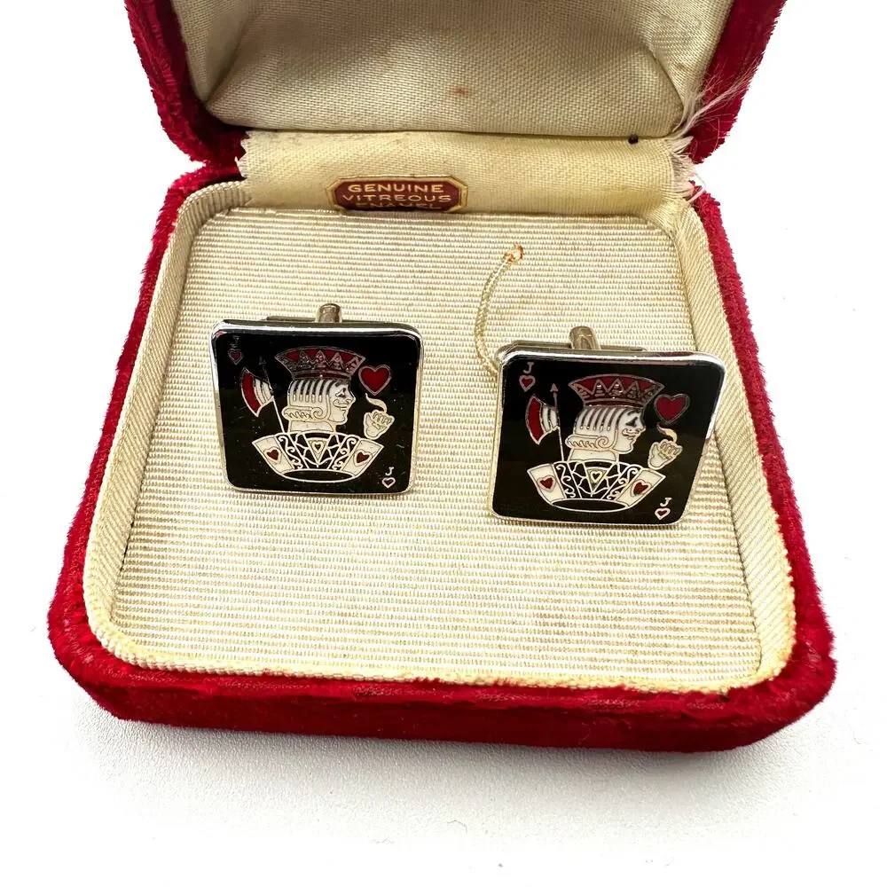 VTG Shields Fifth Avenue Jack of Spades Cuff Links Set Men Black Vitreous Enamel